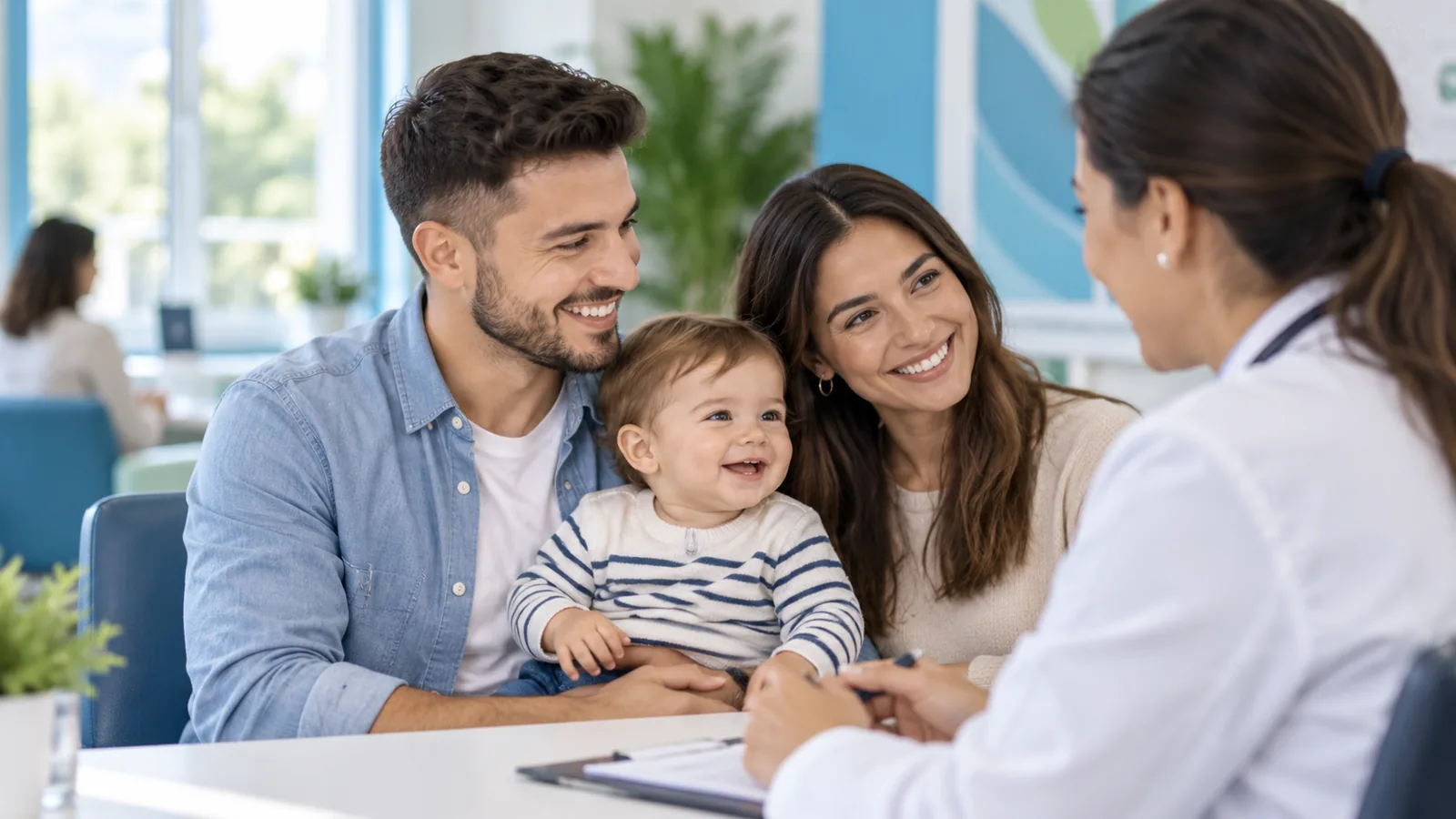 Familia en una consulta médica, atendida por una profesional
